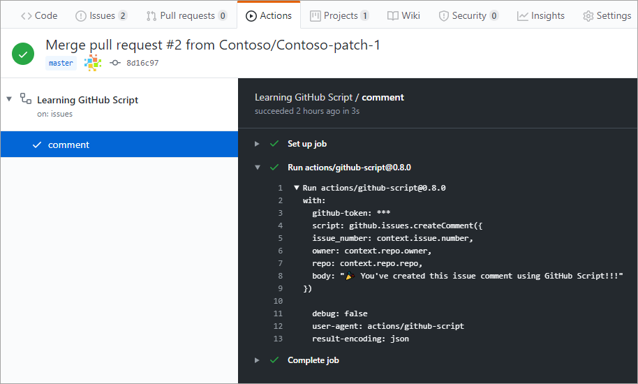 Schermata di un flusso di lavoro completato di GitHub Script.