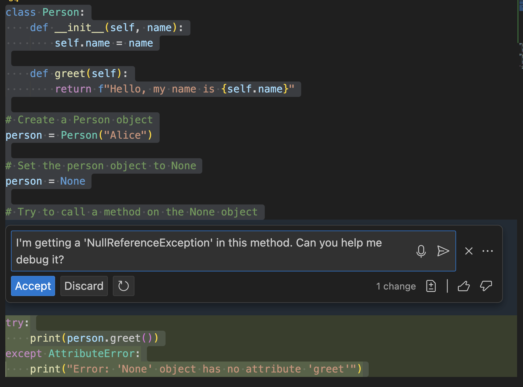 Screenshot del debug del codice di generazione della chat.