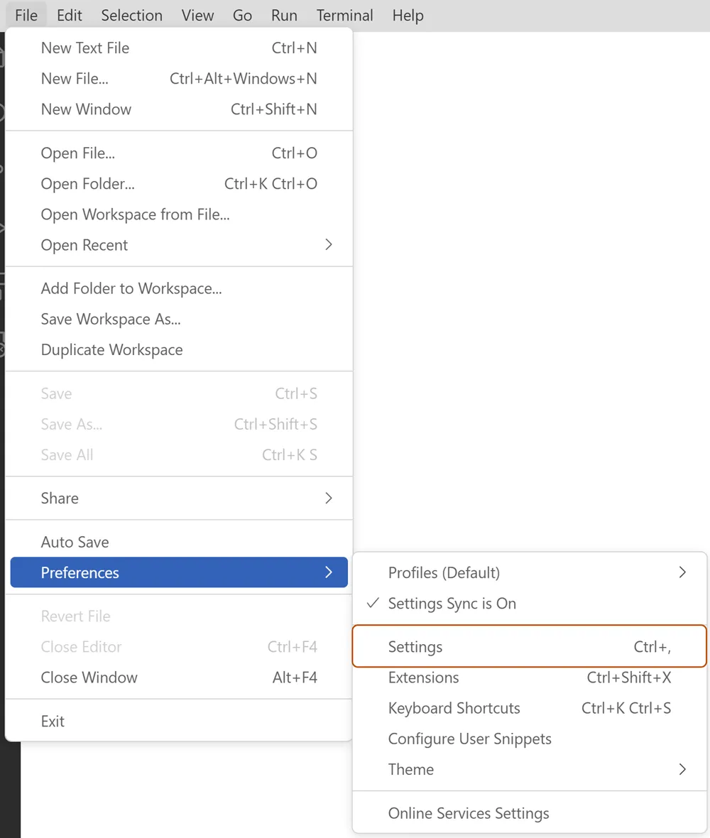 Screenshot del menu File in Visual Studio Code. Il sottomenu dell'elenco a discesa Preferenze è aperto con il comando Impostazioni selezionato.