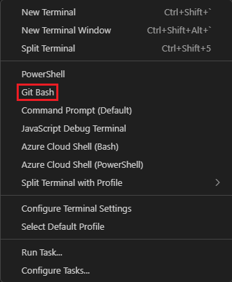 Screenshot della finestra del terminale di Visual Studio Code che mostra l'elenco a discesa per selezionare la shell.