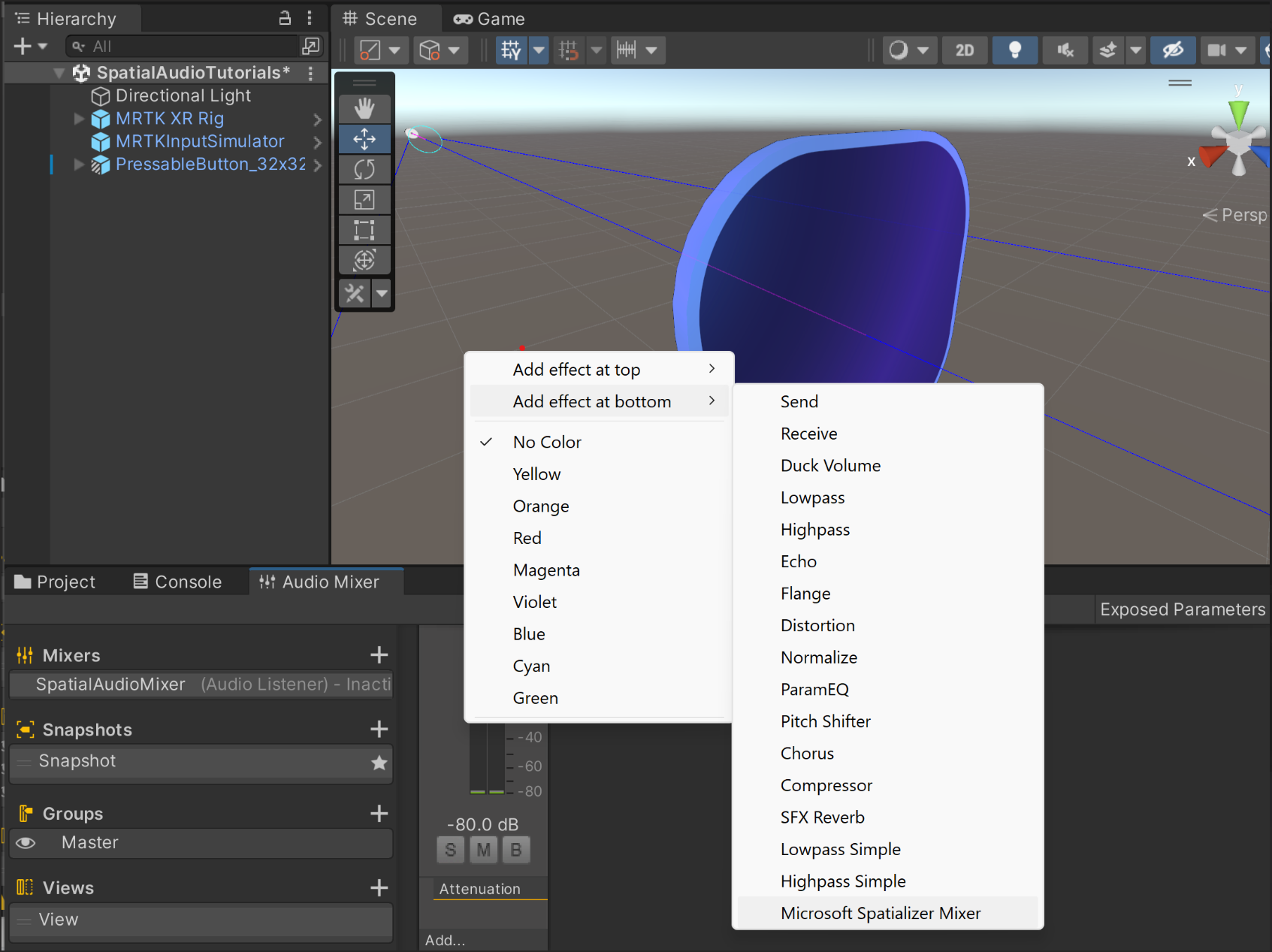 Screenshot del pannello Mixer: aggiunta dell'effetto al primo mixer.