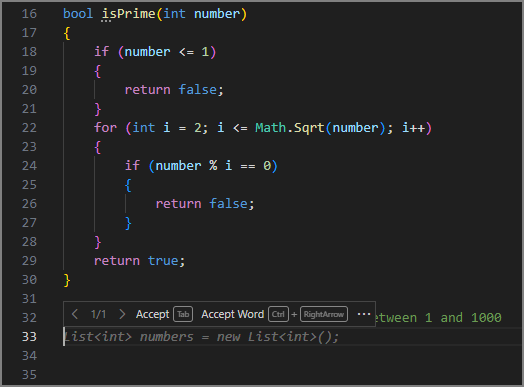 Screenshot dell'editor di Visual Studio Code che mostra un suggerimento di testo fantasma per la prima riga di codice in base al commento precedente.