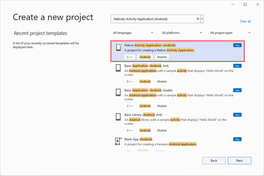 Screenshot che mostra il modello di progetto per attività native.