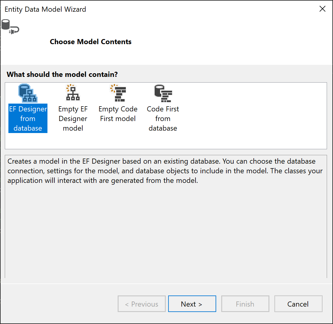 Screenshot che mostra Ef Designer dal database selezionato nella Procedura guidata Entity Data Model.