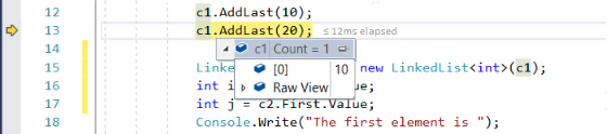 Screenshot che illustra come visualizzare i suggerimenti per i dati per le variabili di codice nel debugger Visual Studio 2022.