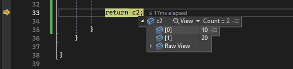 Screenshot che illustra come visualizzare i suggerimenti per i dati per le variabili di codice nel debugger Visual Studio 2022.