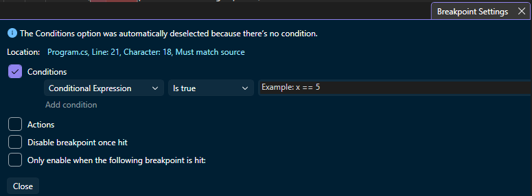 Screenshot che illustra come impostare un punto di interruzione condizionale in Visual Studio.