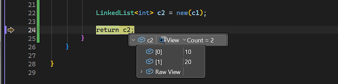 Screenshot che mostra come visualizzare i suggerimenti per i dati per le variabili di codice nel debugger Visual Studio.