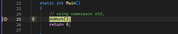 Screenshot che mostra il debugger sospeso in un punto di interruzione impostato in Visual Studio.