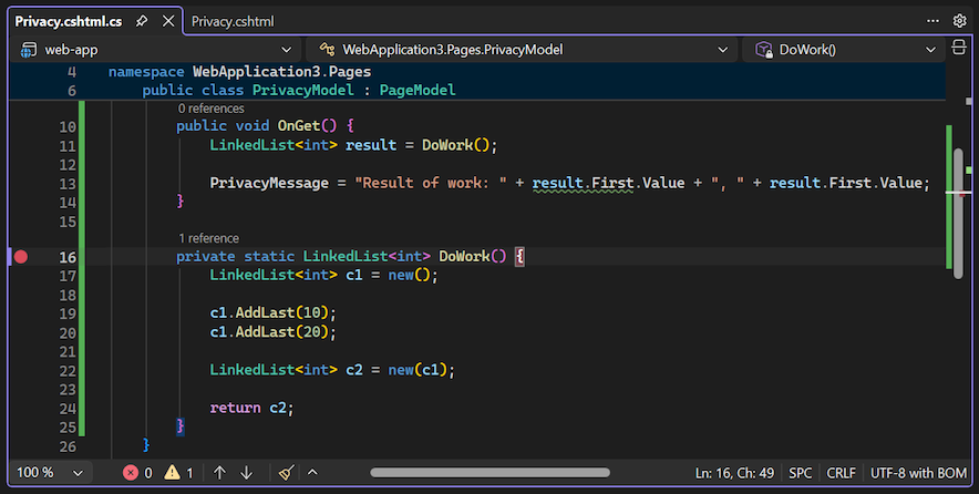 Screenshot che illustra come impostare un punto di interruzione nel debugger Visual Studio.
