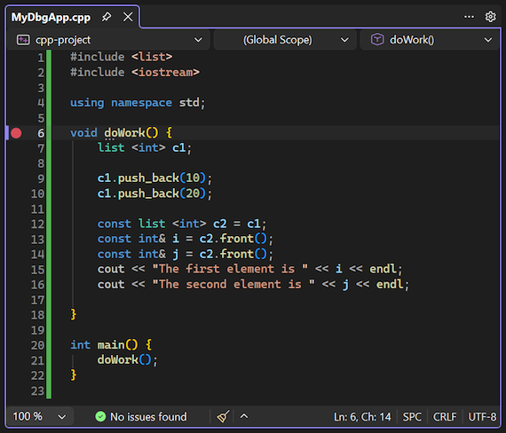 Screenshot che illustra come impostare un punto di interruzione nel debugger Visual Studio.