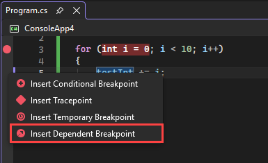 Screenshot che mostra il comando Inserisci punto di interruzione dipendente.