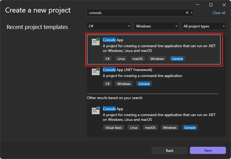 Screenshot del modello 'Applicazione console' nella finestra 