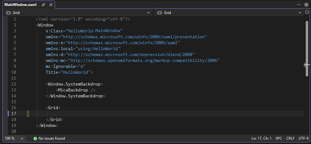 Screenshot che mostra MainWindow.xaml aperta nell'IDE di Visual Studio. Il riquadro Editor XAML mostra il markup XAML per la finestra.