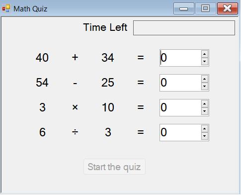 Screenshot che mostra valori casuali in tutti e quattro i problemi matematici. Il pulsante Avvia il quiz viene visualizzato in grigio.