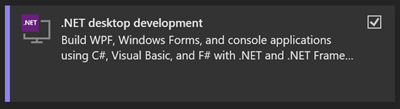 Screenshot che mostra il carico di lavoro per lo sviluppo di applicazioni desktop .NET nel programma di installazione di Visual Studio.