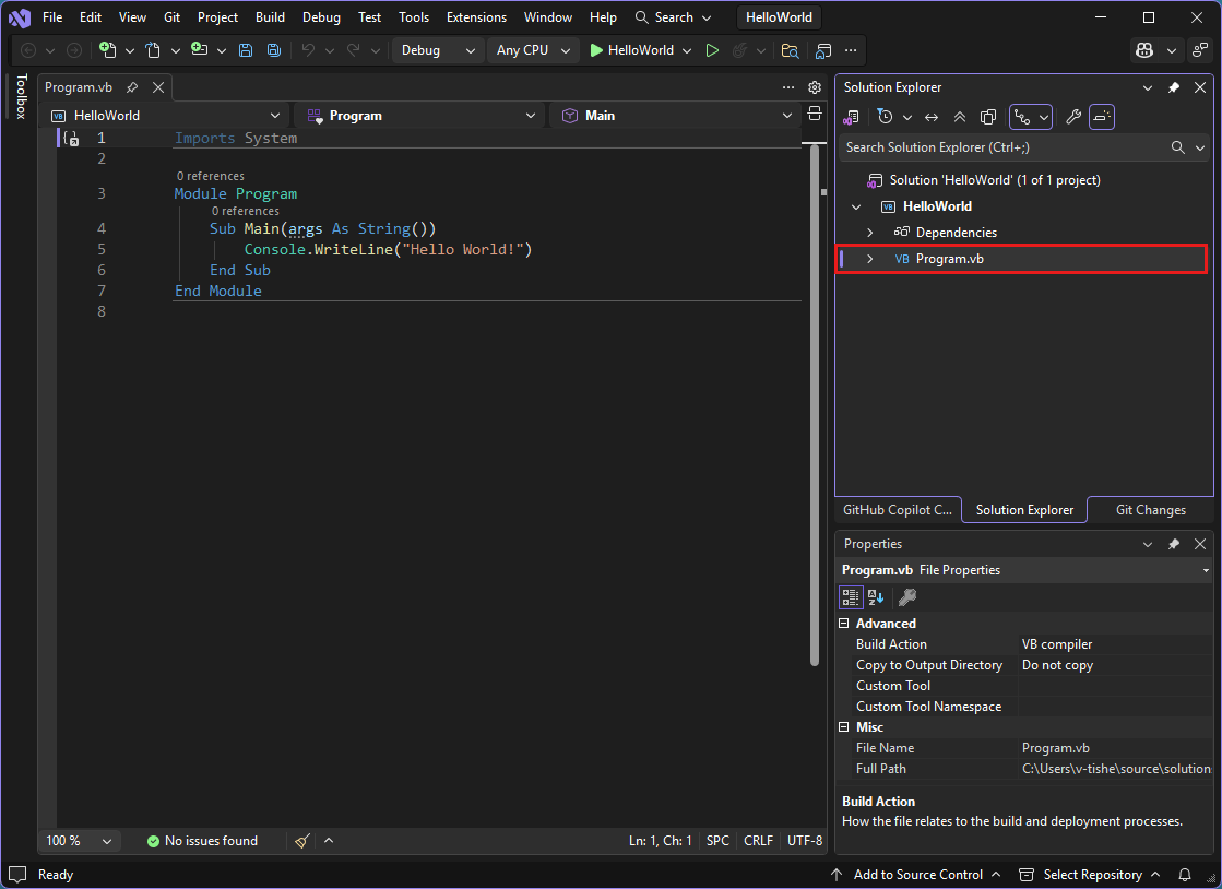 Screenshot che mostra il IDE di Visual Studio con il codice Program.vb nell'editor.