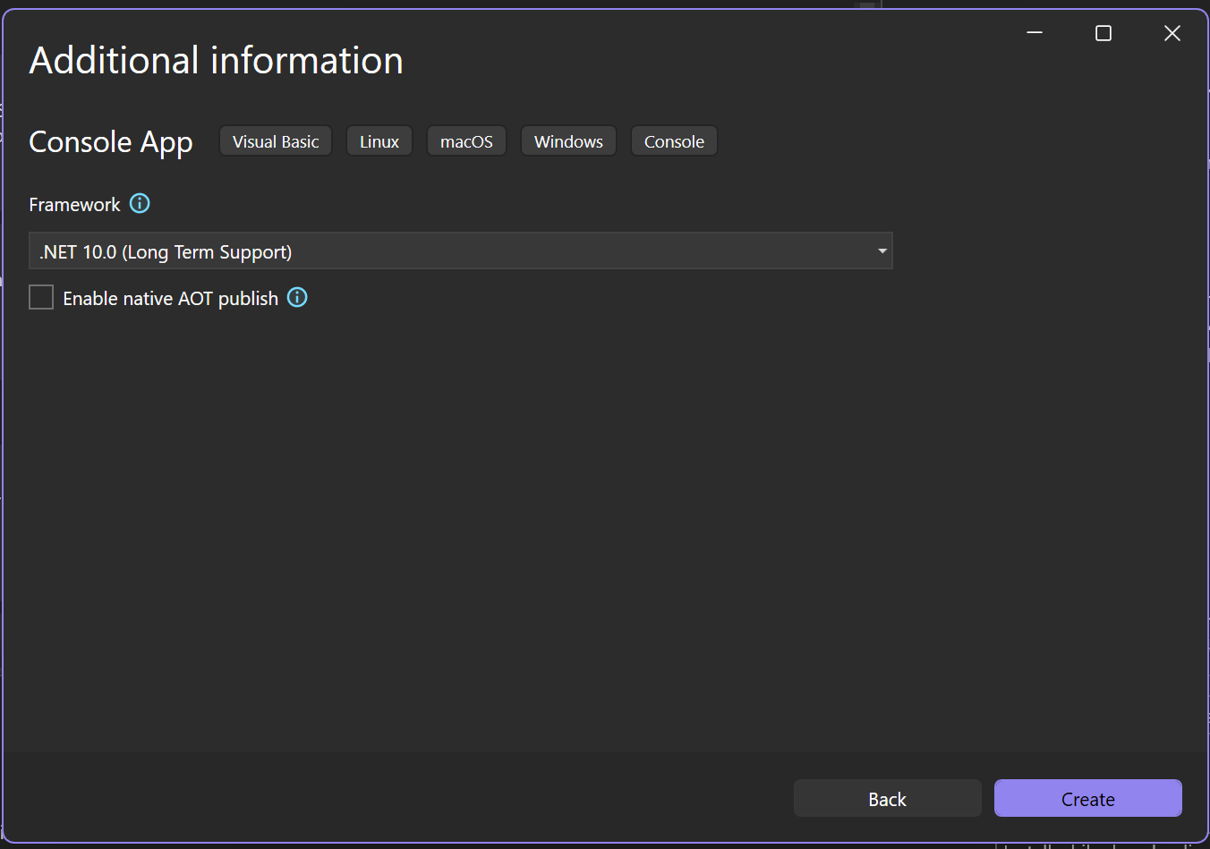 Screenshot che mostra la finestra Informazioni aggiuntive in Visual Studio con .NET 10.0 selezionato come framework di destinazione per il nuovo progetto.