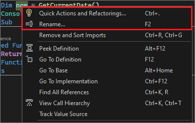 Schermata del menu di Refactoring in Visual Studio 2022.