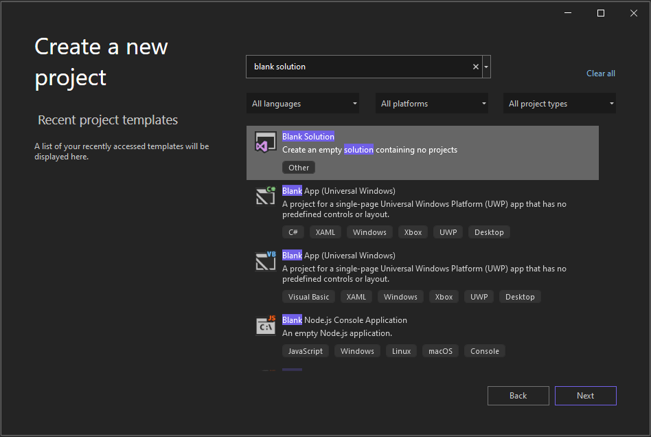 Screenshot che mostra la finestra Crea un nuovo progetto in Visual Studio 2022 con 