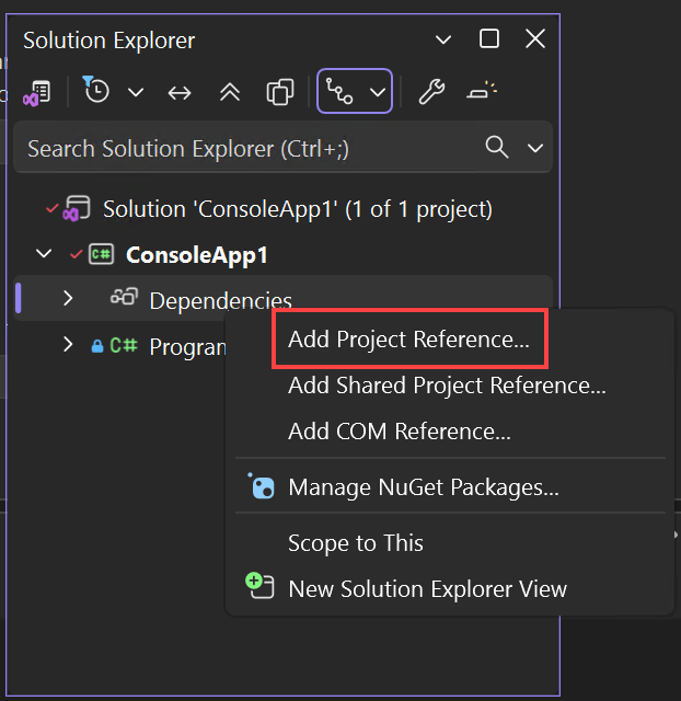 Screenshot dell'opzione Aggiungi riferimento al progetto dal menu di scelta rapida.