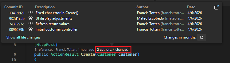 Screenshot che mostra i dati della cronologia delle modifiche per il codice in CodeLens per Visual Studio.