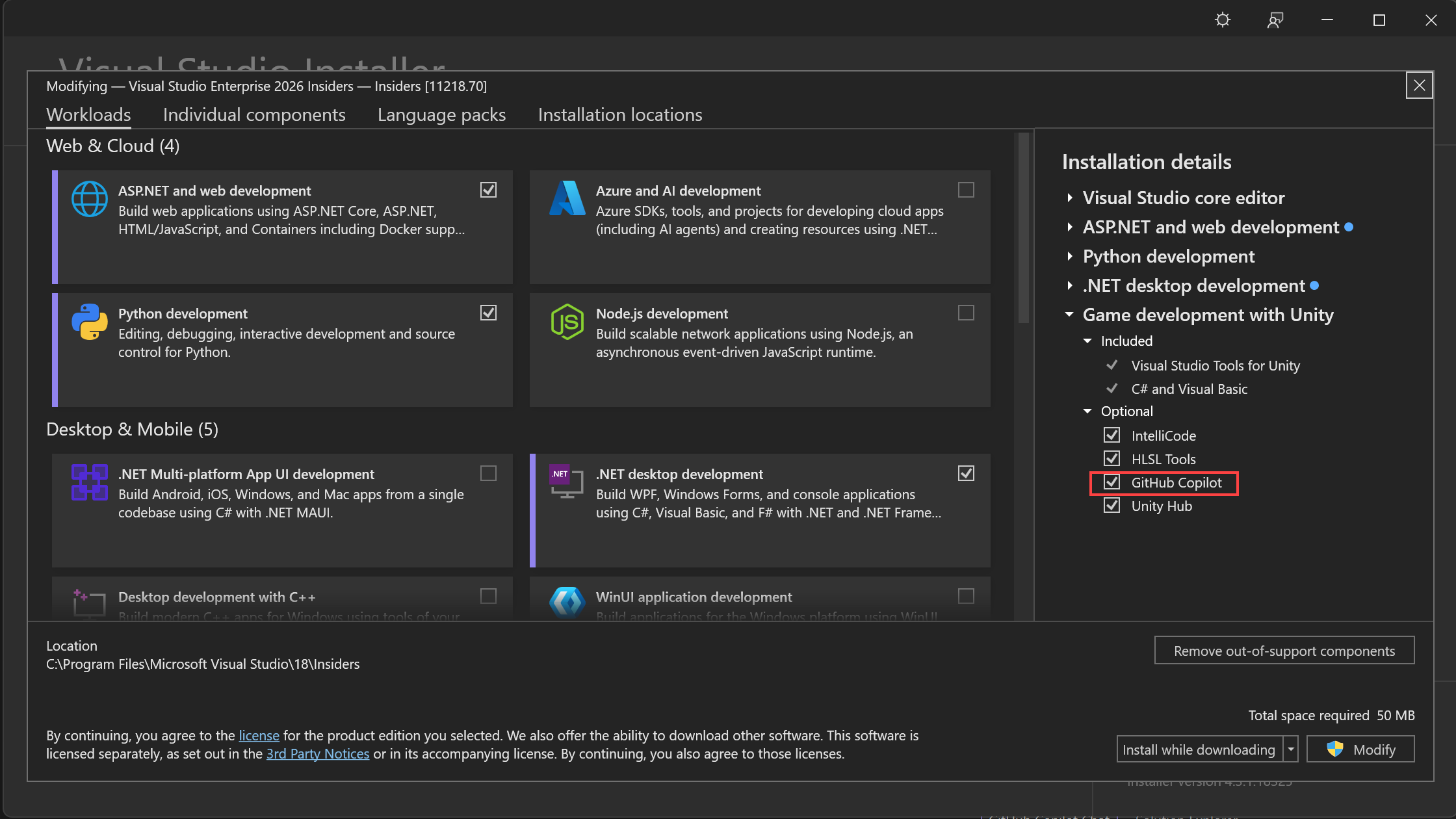 Screenshot che mostra come usare il programma di installazione di Visual Studio per installare il componente GitHub Copilot.