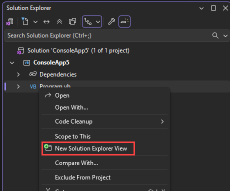 Screenshot della nuova visualizzazione Esplora soluzioni dal menu di scelta rapida del menu di scelta rapida in Esplora soluzioni.