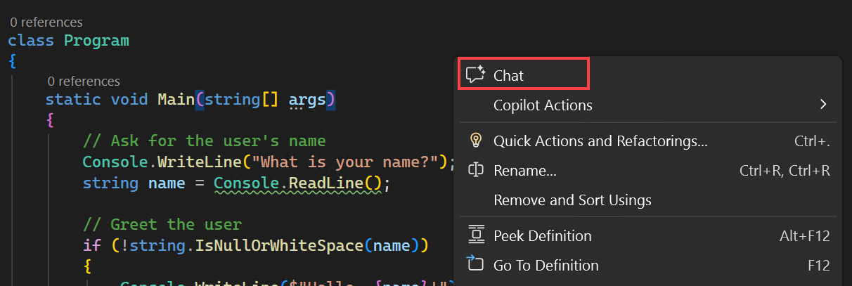 Screenshot di come abilitare la chat integrata nell'editor dal menu contestuale.