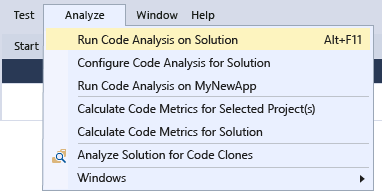 Screenshot della voce di menu Analisi in Visual Studio Code.