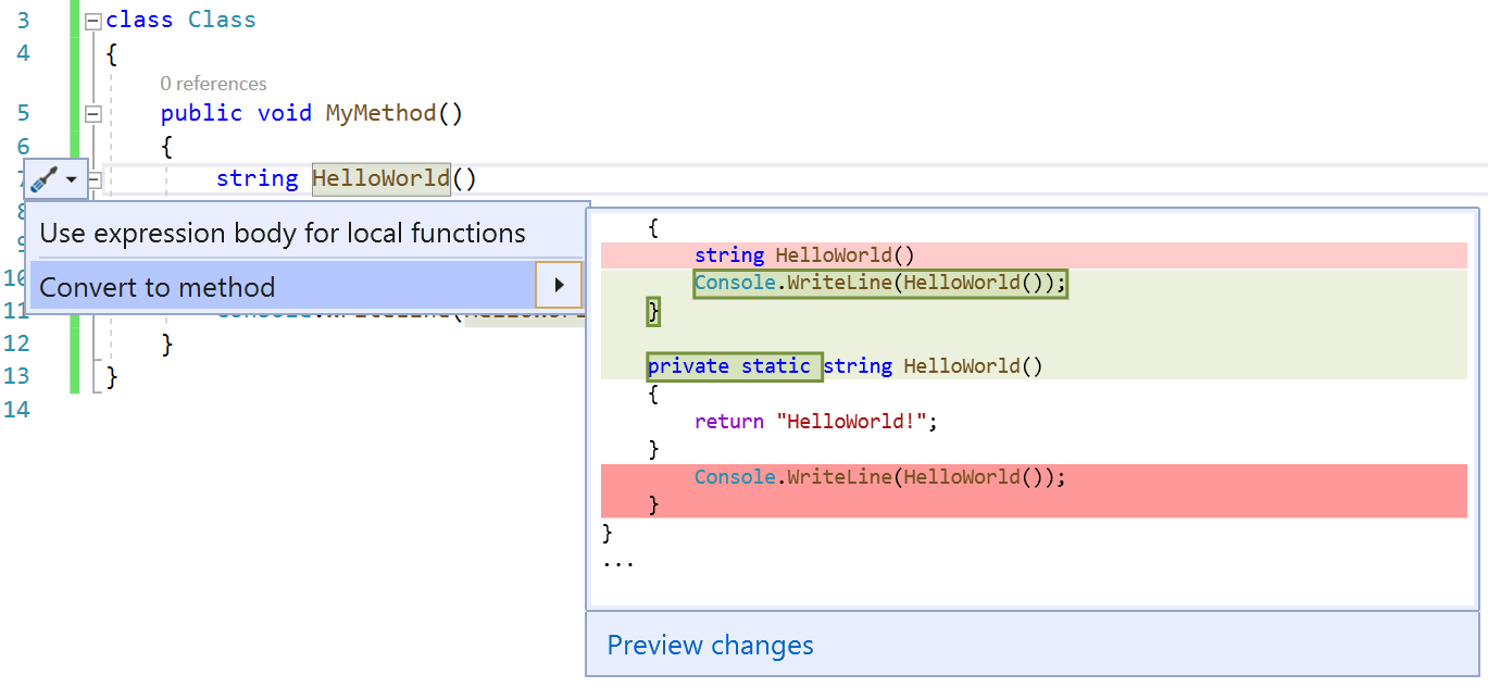 Screenshot dell'esempio di correzione del codice della funzione locale in metodo.