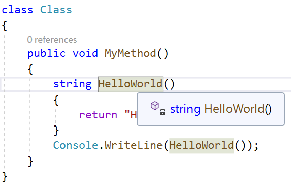 Screenshot di Convert a local function to a method code sample (Converti una funzione locale in un esempio di codice del metodo).