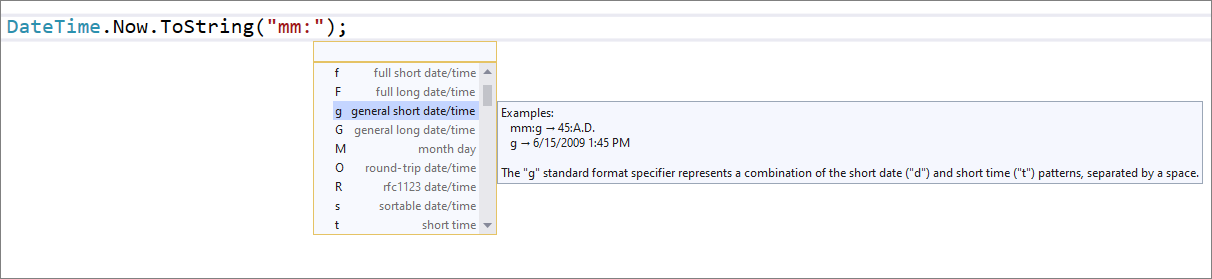 Screenshot di DateTime Completion IntelliSense.