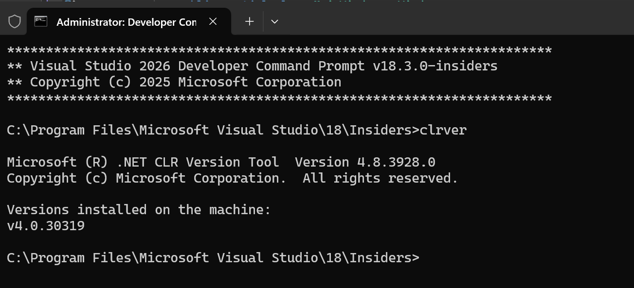 Screenshot del prompt dei comandi per gli sviluppatori per Visual Studio.