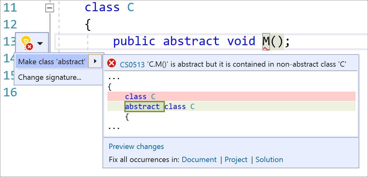 Screenshot di Make class abstract.