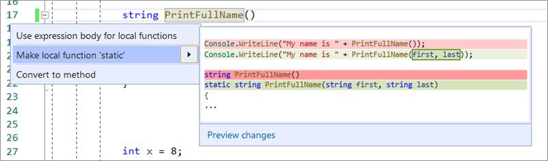Screenshot di Make local function static (Rendere statica la funzione locale).