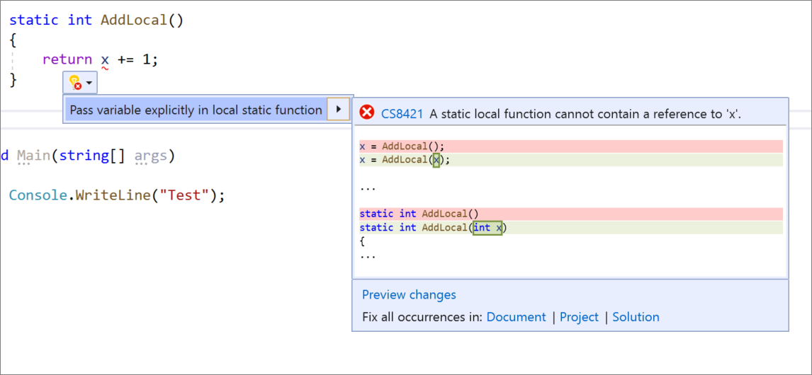 Screenshot della variabile Pass in modo esplicito nella funzione locale statica.