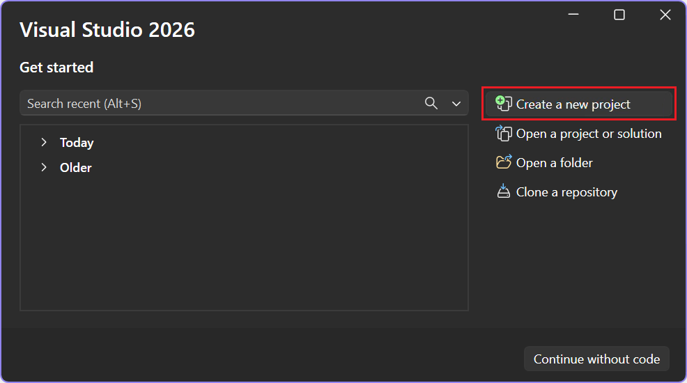 Screenshot che mostra come selezionare l'opzione Crea un nuovo progetto nella finestra Start di Visual Studio.
