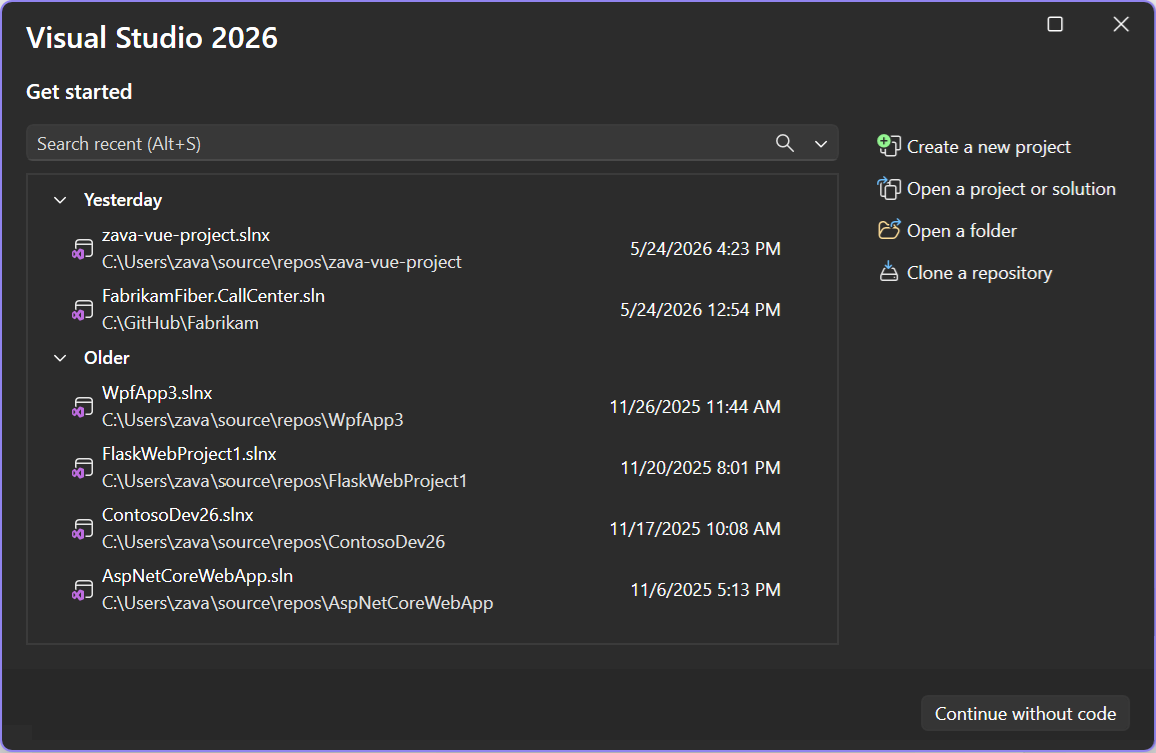 Screenshot della finestra iniziale quando Visual Studio apre.