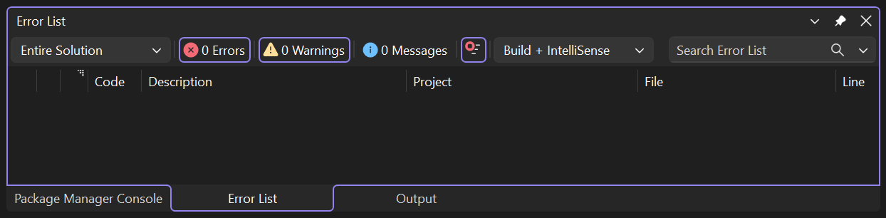 Schermata dell'elenco degli errori in Visual Studio.