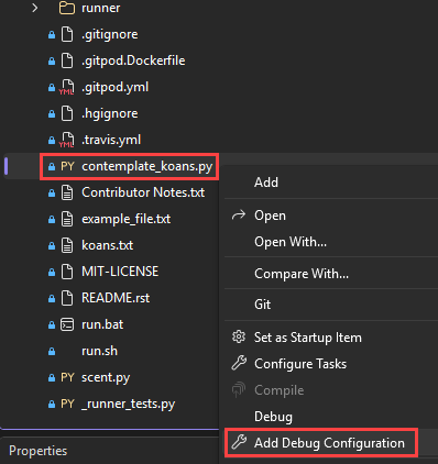 Screenshot che mostra come selezionare l'opzione Aggiungi configurazione di debug per un file selezionato in Visual Studio.