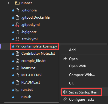 Schermata che mostra come impostare il file Python contemplate koans come elemento di avvio in Visual Studio.