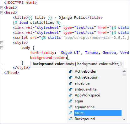 Screenshot che mostra il supporto di IntelliSense per CSS usato nello sviluppo Django in Visual Studio.