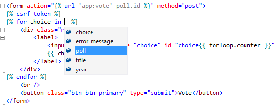 Screenshot che mostra il supporto di IntelliSense per le variabili di contesto usate nello sviluppo Django in Visual Studio.