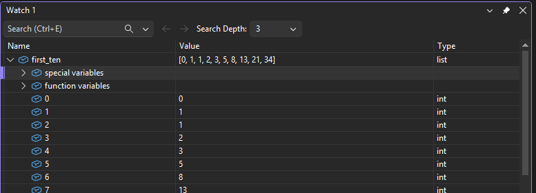 Screenshot che mostra la finestra Watch nel debugger di Visual Studio.