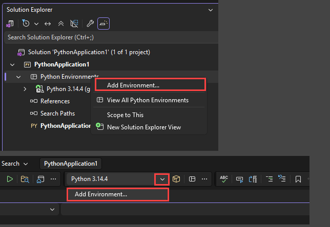 Screenshot che mostra le due opzioni per accedere alla funzionalità Aggiungi ambienti in Visual Studio.