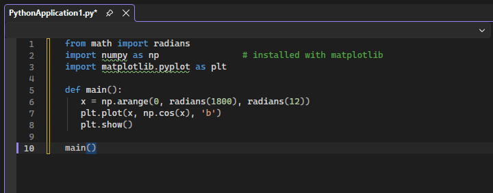 Screenshot che mostra come Visual Studio usa una formattazione speciale per indicare che l'istruzione di importazione matplotlib non è risolta.