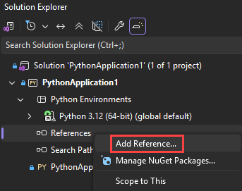 Screenshot che mostra come aggiungere un riferimento all'estensione nei progetti Python in Visual Studio.