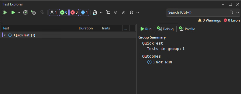 Screenshot che mostra Test Explorer prima di eseguire i test in Visual Studio.