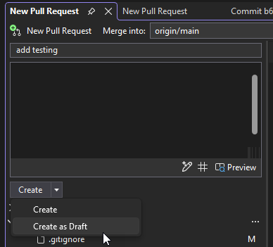 Screenshot che mostra l'opzione per creare una nuova pull request come bozza.
